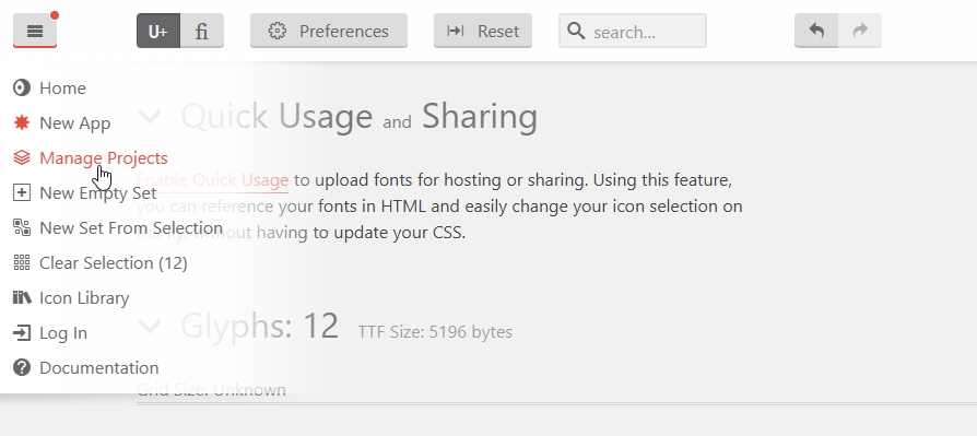 IcoMoon Manage Projects menu item