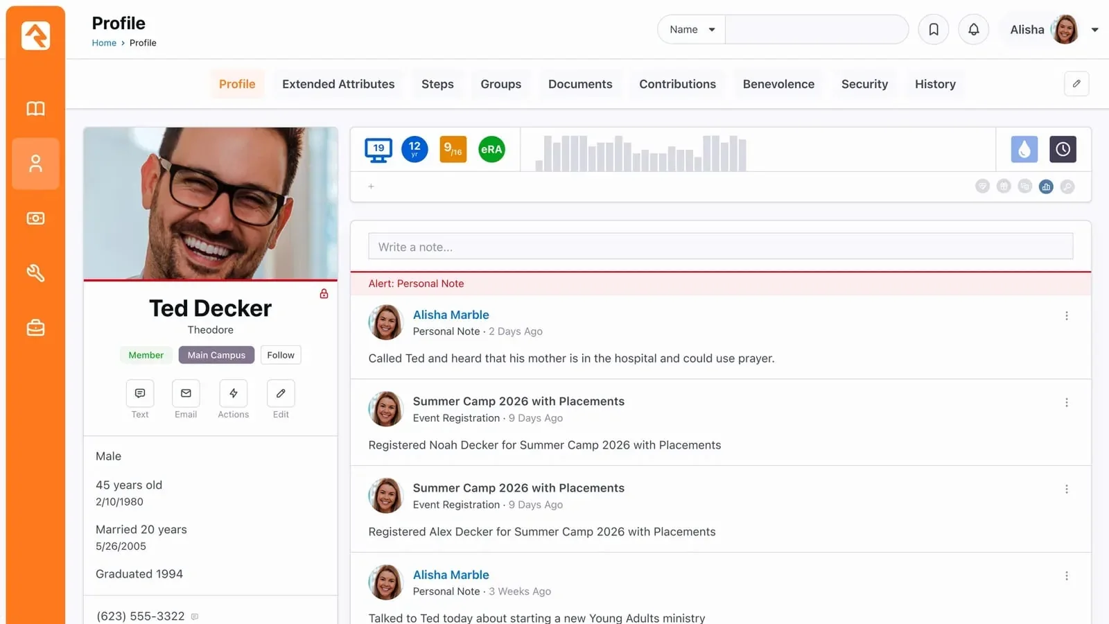 Rock RMS person profile for Ted Decker with notes, badges and family details